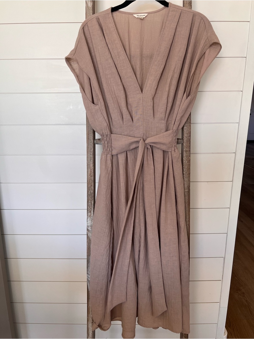 Max Studio dress —
Taupe V-Neck Wrap Midi Dress with Tie Waist